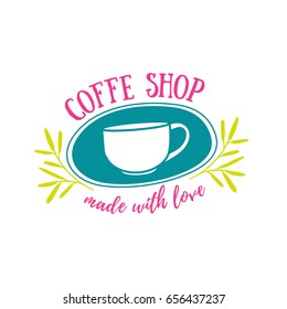 Design logo for coffee shop, tea bar.  Badge with silhouette cup of tea.  Symbol, label, for store with drinks. Illustration of mug for the cafe, bistro, cafeteria. Vector