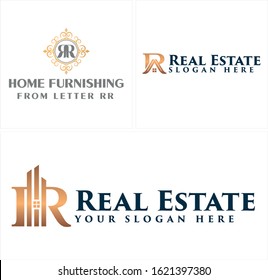 Design logo combination with letter RR ornament roof building window gold luxury bright vector suitable for real estate home furnishing vintage home decor hotel salon