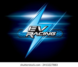 Design Logo-Konzept Racing mit Power-Kabel-Pumpen-Stecker in Ladeleistung an Elektrofahrzeug EV-Auto.