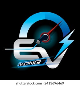 Design logo concept Racing with Power cable pump plug in charging power to electric vehicle EV car.