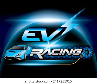 Design logo concept Racing with Power cable pump plug in charging power to electric vehicle EV car.