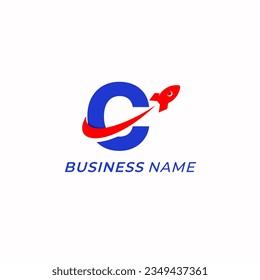logotipo de diseño letra creativa C y lanzamiento de cohetes