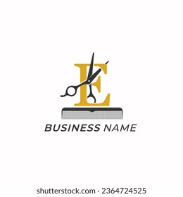 design logo creative letter E and scissor barber