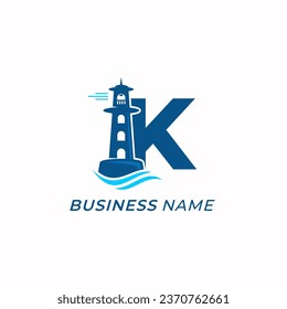 design logo creative letter K and lighthouse beach