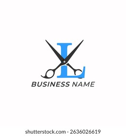 logotipo de design letra criativa L e tesoura