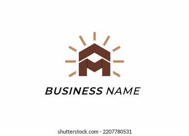 logotipo de diseño letra creativa M y rayo solar de casa