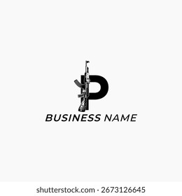 logo de diseño letra creativa P y arma ak 47