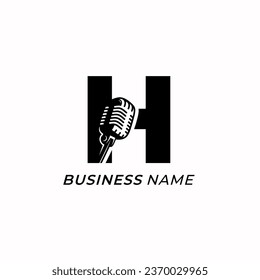 logotipo de diseño micrófono creativo podcasting y letra H
