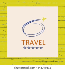 Design logo of cruise travel on wood background. Hand drawn silhouettes of aircraft. Five star beach vacation in the tropics. Illustration for advertising tourism companies, tour operators.