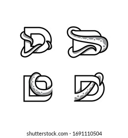 Design Logo D letter initial for octopus. Linear style. Fashion, Jewelry, Seafood restaurant Logotype vintage concept outline icon.