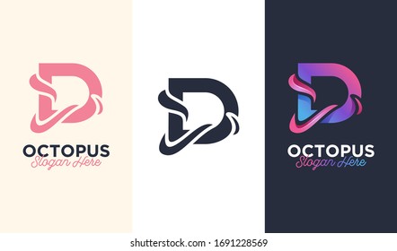 Design Logo D letter initial for octopus. Linear style. Fashion, Jewelry, Seafood restaurant Logotype vintage concept outline icon.