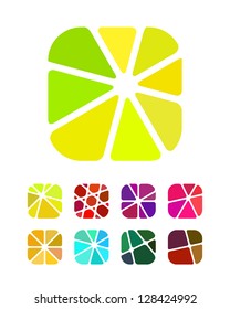 Design logo element. Crushing abstract round rectangle pattern. Colorful precious stone icons set.