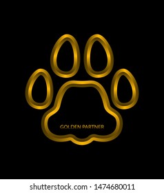 Design for logo, emblem, background. Paw print icon. Metal circuit. Golden trace on a black background. Concept - Gold Partner. Vector.