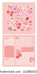 Design logo of the february calendar for Valentine's Day. Vector isolated colorful element. Hand-drawn icons of spring roses, champagne, macaroons, air kisses, pink hearts, love letters. 