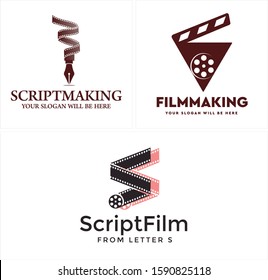 Design logo with filmstrip pen and clapper board combination vector suitable for community network film making digital platform company