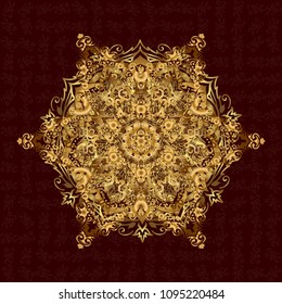 Design for logo, game, cover, card. Vector sacred geometry round golden symbol with glowing stars on a brown background.