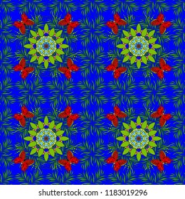 Design for logo, game, cover, card. Vector sacred geometry round colored symbol with glowing stars on a blue, green and red colors.