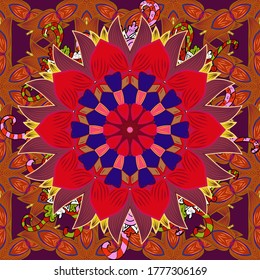 Design for logo, game, cover, card. Vector sacred geometry round colored symbol with glowing stars on a purple, orange and red colors.