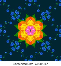 Design for logo, game, cover, card. Vector sacred geometry round colored symbol with glowing stars on a black background.