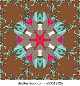 Design for logo, game, cover, card. Vector sacred geometry round colored symbol with glowing stars on a colorful background.