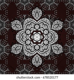 Design for logo, game, cover, card. Vector sacred geometry round colored symbol with glowing stars on a brown background.