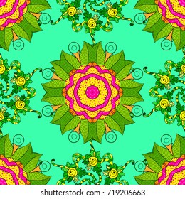 Design for logo, game, cover, card. Vector sacred geometry round colored symbol with glowing stars on a green, yellow and magenta colors.