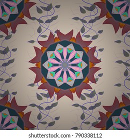 Design for logo, game, cover, card. Vector sacred geometry round colored symbol with glowing stars on a beige, blue and pink colors.