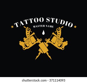 Design of a logo with gold tattoos machines on a black background for a tattoo of salon, studio or the artist. Vector illustration.