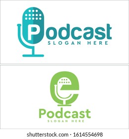 Design logo with green blue microphone lettering icon combination logo vector suitable for communication podcast business community company technology studio