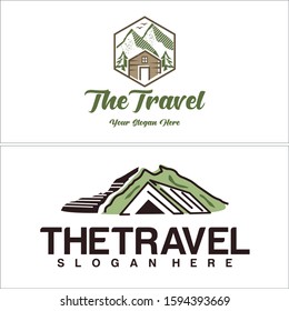 Design logo with green brown hexagon mountain tree home roof and bird line art suitable for travel hotel rental cabin wooden company nature resort outdoor 