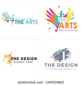 Design logo with hand dot arts brush colorful and door illustration vector suitable for art workshop business