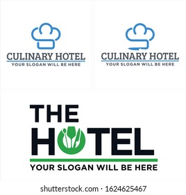 Design logo with hat chef blue knife spoon and wine glass green symbol icon line vector suitable for hotel restaurant culinary scholarships student training cutlery