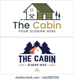 Design logo with home tree pine hammer and mountain illustration vector suitable for camp cabin hunting park outdoor resort nature