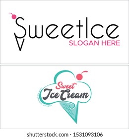 Design logo with ice cream cone cherry line art vector suitable for homemade shop desert business cafe