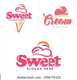 Design logo with ice cream cone waffle melt strawberry pink delicious line art vector suitable for food drink dessert homemade business