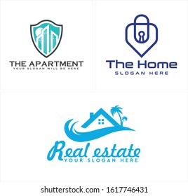 Design logo icon with shield building moon padlock and roof home splash water tree palm combination vector suitable for real estate mortgage company resort sea recreation business company apartment