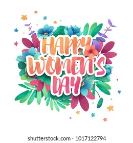 Design logo to the International Happy Women's Day with flower decoration. Signs, badges, symbol for 8 March on floral frame. The text for the greeting card,  sale poster, offer web banner. Vector