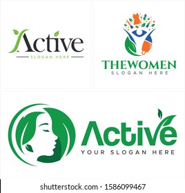 Design logo with leaf dress pill capsule lipstick and face woman green vector combination suitable for beauty nutrition products healthy spa resort health care