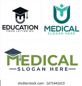 Design logo with letter MU graduation cap people lettering symbol icon line vector suitable for education university school student medical