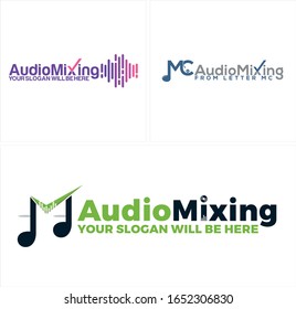 Design logo lettering combination with dot line note musical turntable sound wave icon modern suitable for entertainment the arts audio website technology studio music