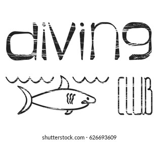 Design logo with lettering Diving Club with shark. Vector illustration eps 10