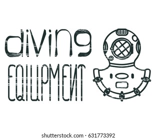 Design logo with lettering diving equipment and divers helmet. Vector illustration eps 10