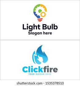 Design logo with light bulb gear colorful and fire hand blue shiny vector suitable for technology software business company