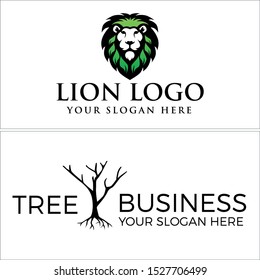 Design logo with lion head black green and tree branches vector suitable for animal zoo business consulting non profit