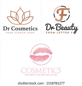 Design logo with lotus initial F circle and lip illustration vector suitable for cosmetics beauty women lipstick salon fashion