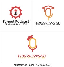 Design logo with microphone gear and hat graduation line art vector suitable for education school entertainment 