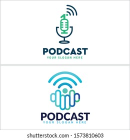 Design logo with microphone line WiFi wireless internet signal icon green blue vector suitable for business consulting podcast retail company technology