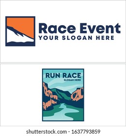 Design logo with mountain hill river water flow landscape square shape symbol icon outdoor suitable for community template adventure group event nature