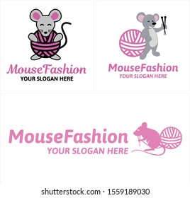 Design logo with mouse ball of yarn needle gray pink vector suitable for fashion retail shop company animal