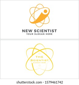 Design logo with neutron atom combination people line art orange vector suitable for education lab academician enterprise scientist